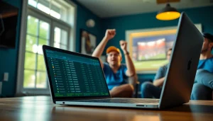 Engaging scene showcasing online sportsbooks Oklahoma, highlighting a sports fan using a laptop for betting.