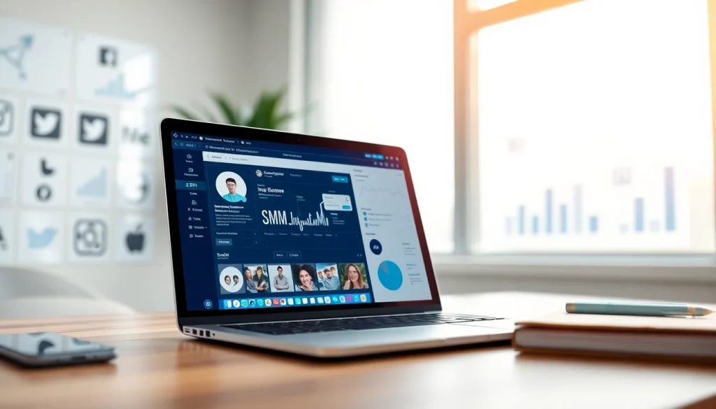 Showcase an Instagram smm panel interface in a digital marketing workspace with sleek tech elements.