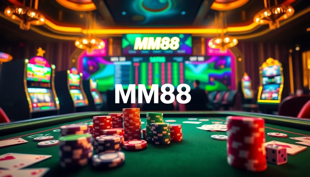 MM88 casino scene featuring vibrant tables, poker chips, and online gambling interface.