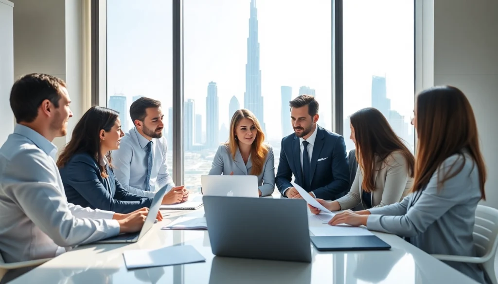 Dynamic meeting of Business Consultants in Dubai strategizing with city skyline backdrop.