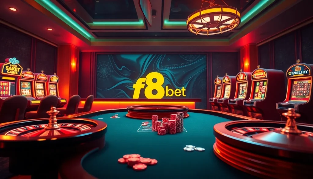 Engaging online gambling session at f8bet with poker chips, roulette wheel, and vibrant slot machines.