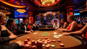 MM88 casino game scene featuring a luxurious poker table and vibrant atmosphere.