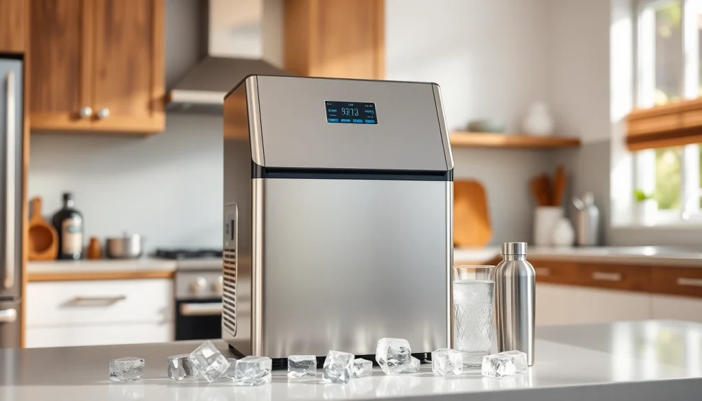 Efficient ice maker machine creating clear ice cubes in a modern kitchen environment.