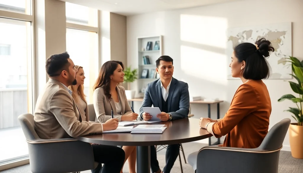 Friendly migration agent Melbourne office with diverse team consulting clients.