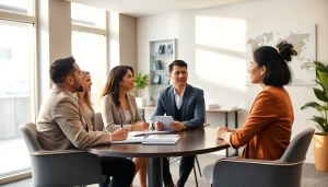 Friendly migration agent Melbourne office with diverse team consulting clients.