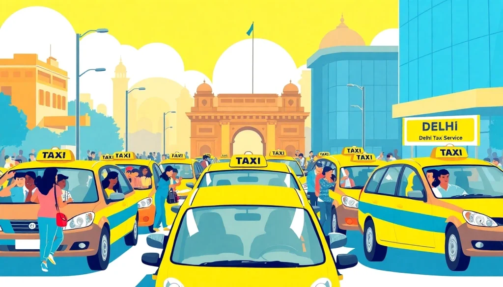 Delhi Taxi Service scene with happy passengers and vibrant taxis in a busy urban setting.