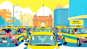 Delhi Taxi Service scene with happy passengers and vibrant taxis in a busy urban setting.