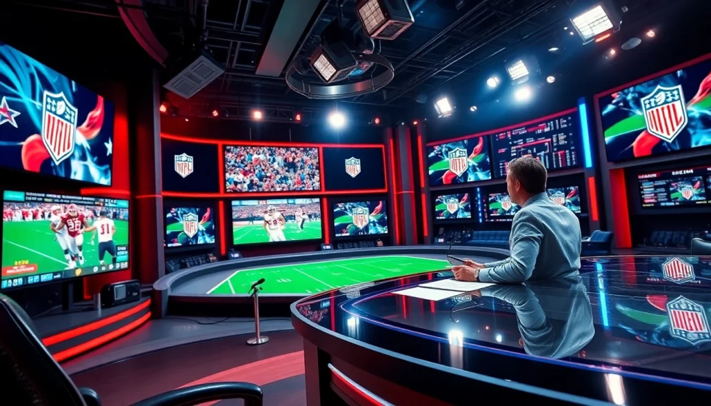 Engaging host in sports broadcasting studio presents live sports coverage with advanced technology.