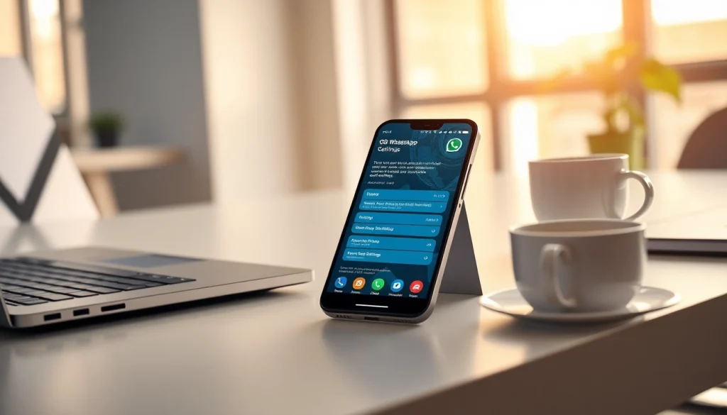 Experience GB WhatsApp APK features on a sleek smartphone in a modern workspace.