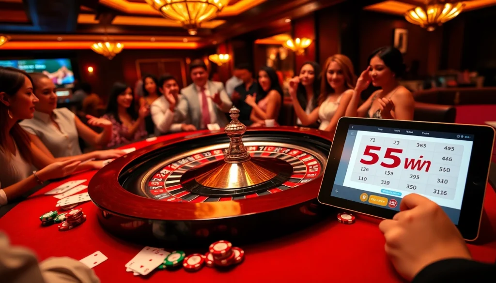 Experience the thrill of winning at 555win com with an elegant roulette table and vibrant casino ambiance.