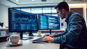 Software engineering in action: a software engineer coding complex algorithms on dual monitors.