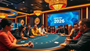A lively poker game at a casino featuring hidden wiki 2026 branding, showcasing excitement and strategy.