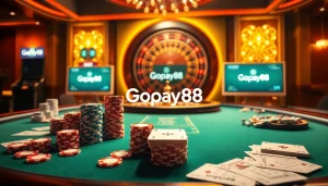 Engaging scene of a luxurious Gopay88 gaming environment with poker chips and roulette wheel.