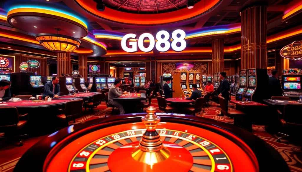 Exciting GO88 casino scene with poker games, roulette, and vibrant slot machines.