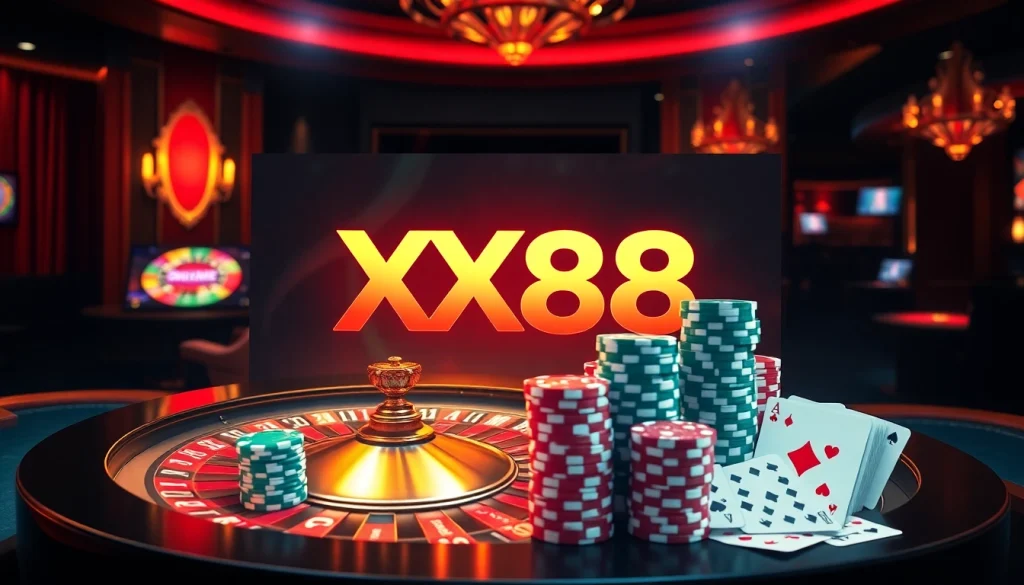 Experience the thrill of XX88 KJC as you play poker and roulette in an elegant online casino setting.