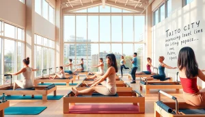 台東区のダイナミックなピラティスクラス。現代的なスタジオで多様な参加者を紹介。