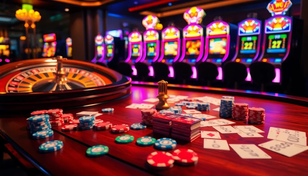 Experience the thrill of gambling with the 555 win casino scene, featuring vibrant chips, cards, and tables.