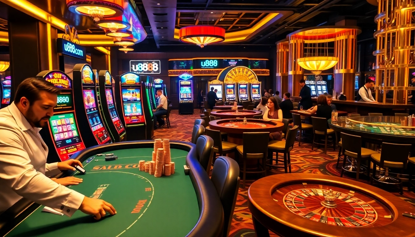 Engaged players at u888 com poker table strategizing their next move with colorful chips.