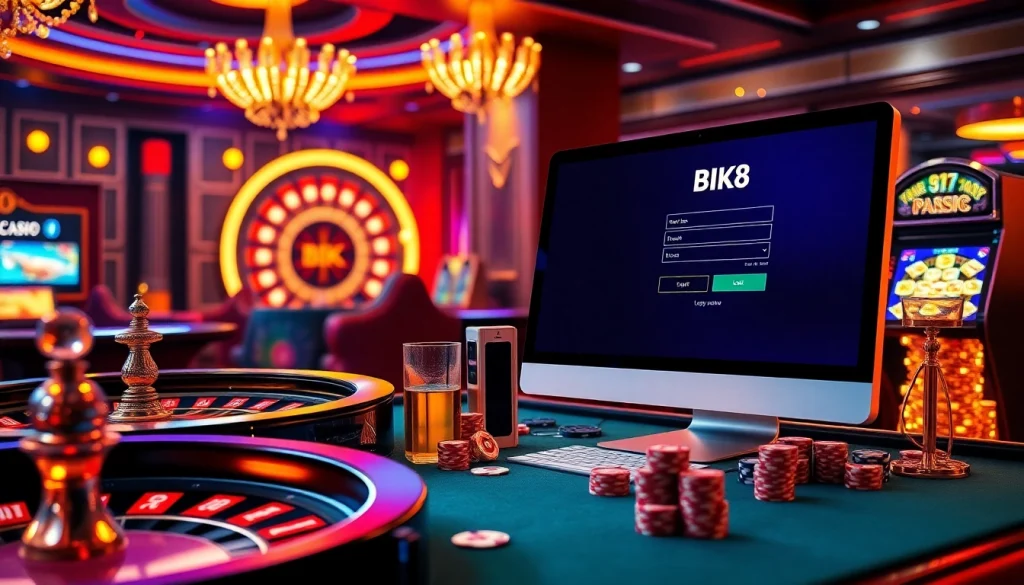 Engage with the BK8 login interface on a vibrant casino scene featuring poker chips, roulette wheel, and slot machines.