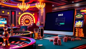 Engage with the BK8 login interface on a vibrant casino scene featuring poker chips, roulette wheel, and slot machines.