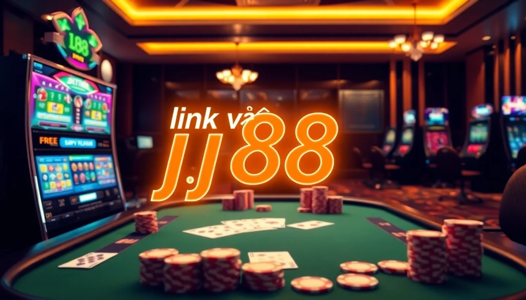 Experience the thrill of online gambling with link vào j88, showcasing vibrant casino elements and luxurious ambiance.