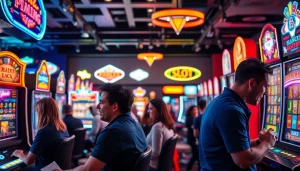 Permainan slot depo 1k yang menarik dengan mesin slot berwarna-warni dan suasana kasino yang energik.