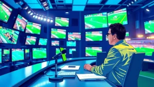 Captivating sports broadcasting studio featuring a live event analyst with vibrant screens.
