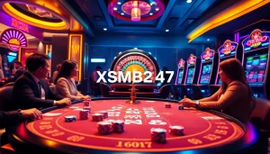XSMB247 players strategizing with poker chips at a luxury casino gaming table