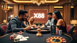 Engage with exciting games at https://xx88.nl/ featuring vibrant poker chips and roulette players.