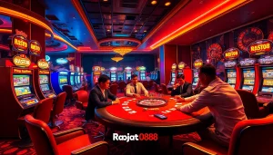 Players engaging in a high-stakes poker game at rajatoto88's lavish casino, highlighted by vibrant slot machines and roulette wheels.
