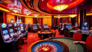 Experience the thrill of gaming at the gg88 casino with vibrant slot machines and excited players.