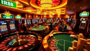 An engaging RR88 casino scene featuring poker tables, a roulette wheel, and slot machines.