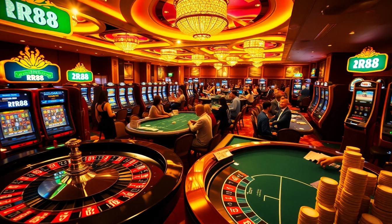 An engaging RR88 casino scene featuring poker tables, a roulette wheel, and slot machines.