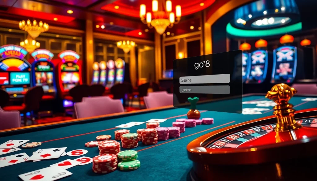 Gambling scene illustrating go8 đăng nhập with poker chips, roulette wheel, and vibrant lights.
