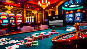 Gambling scene illustrating go8 đăng nhập with poker chips, roulette wheel, and vibrant lights.