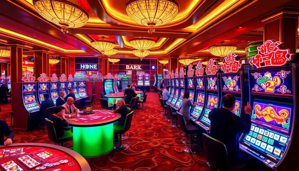 Players enjoy a thrilling experience with Mahjong Ways 2 slot machines in a lavish casino setting.