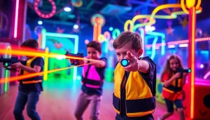 Children enjoying a thrilling moment in a colorful laser tag arena with bright lights.