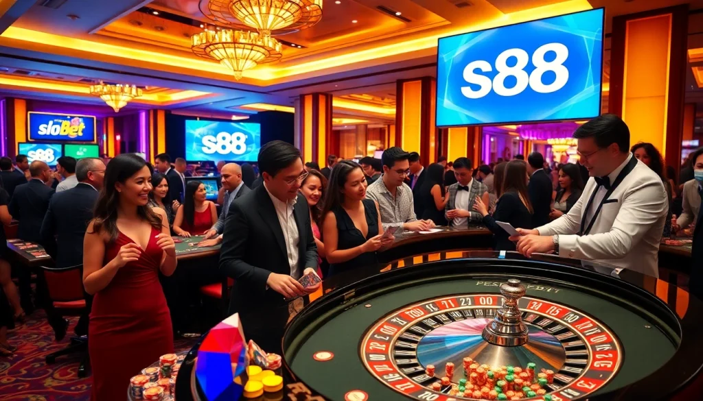 Experience the thrill of s88 bet with live players enjoying roulette and poker in a vibrant casino setting.
