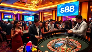 Experience the thrill of s88 bet with live players enjoying roulette and poker in a vibrant casino setting.