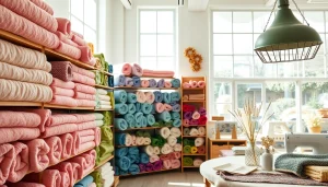 Koop fleece stof kopen in een kleurrijke stoffenwinkel met texturen en accessoires.