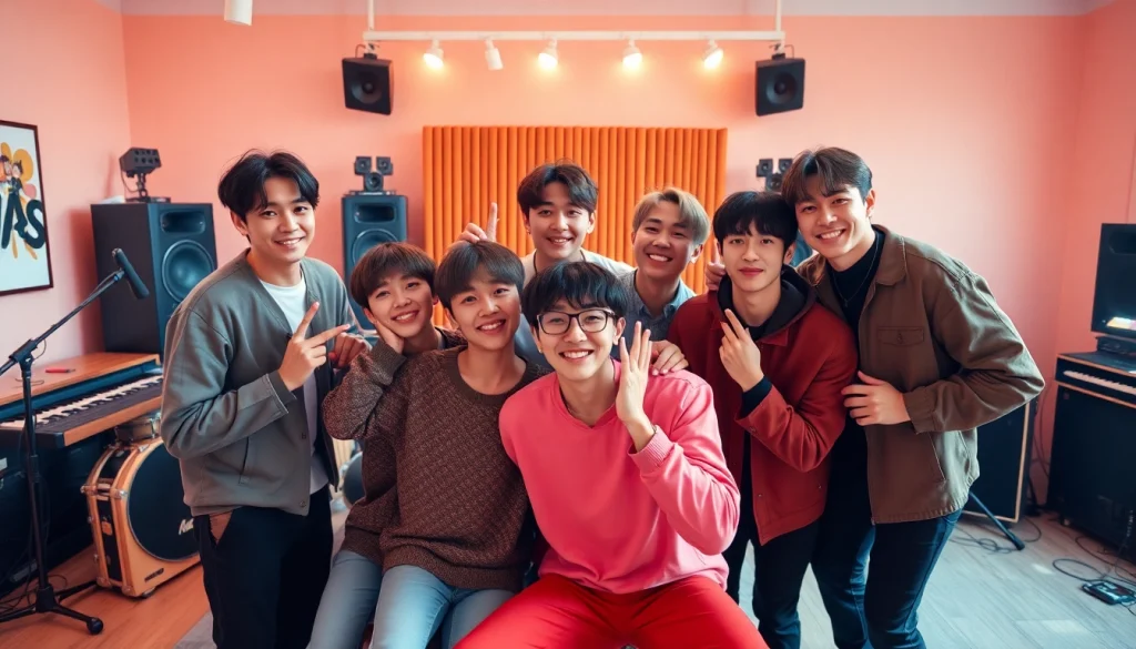 BTS members in a vibrant studio exhibit their unique personalities through playful interactions.