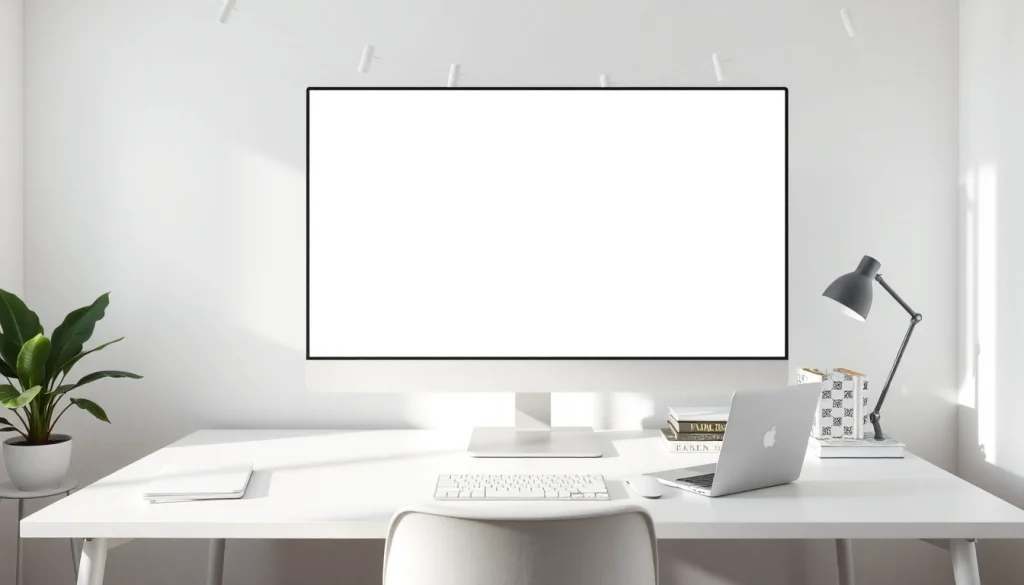 Clean home office with tela branca on screen for better focus and lighting