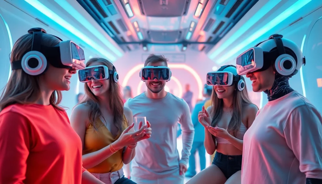 Engaging scene of people interacting with sex ai companions in a futuristic virtual space.
