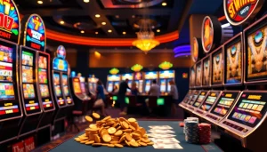 Players enjoying exciting idnslot machines in a vibrant casino atmosphere filled with lights.