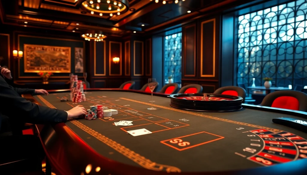 S8 themed casino table with vibrant poker chips and playing cards under soft lighting.
