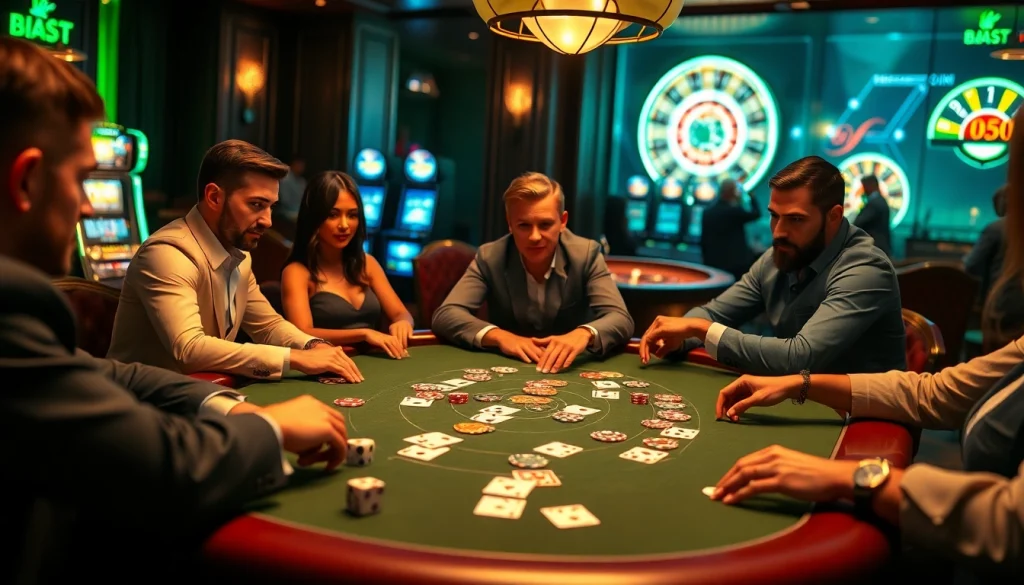 Players strategizing at a b52 club poker table, illuminated in an elegant casino setting.