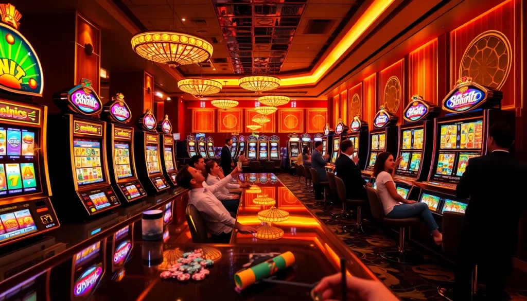 Experience the thrill of slot depo 5k with vibrant slot machines and excited players enjoying the gaming atmosphere.