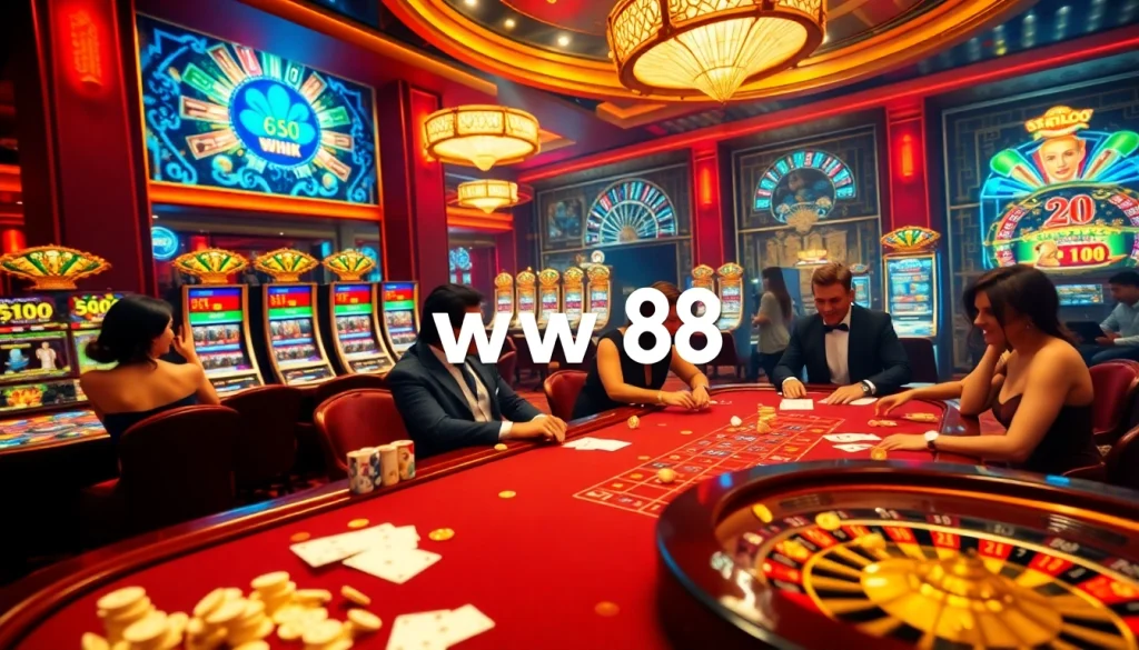 Exciting poker game at ww88 casino featuring glamorous players and vibrant slot machines.