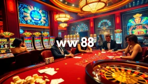 Exciting poker game at ww88 casino featuring glamorous players and vibrant slot machines.