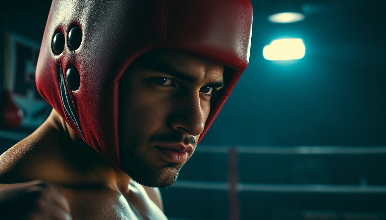 Ein fokussierter Boxer mit headgear boxing bereitet sich auf den Kampf vor.